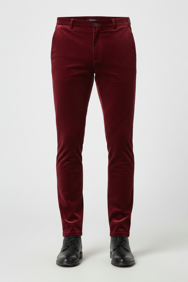 Pantalon Velours Rouge Bordeau Côtelé Slim Élégant Homme - Bordeaux Cordé - vue 3