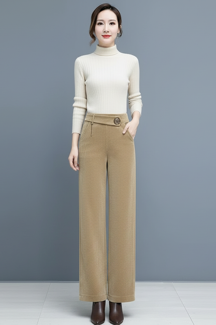 Pantalon Velours Côtelé Ample Taille Haute Femme - Camel Cordé - vue 3