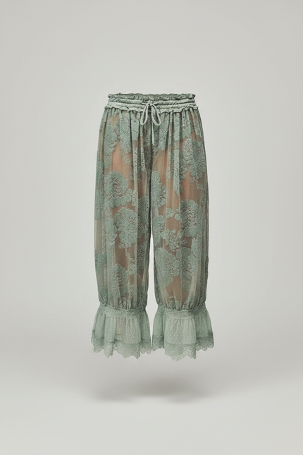 Pantalon Velours Vert Transparent Floral Dentelle Évasé - Polyester - vue 3