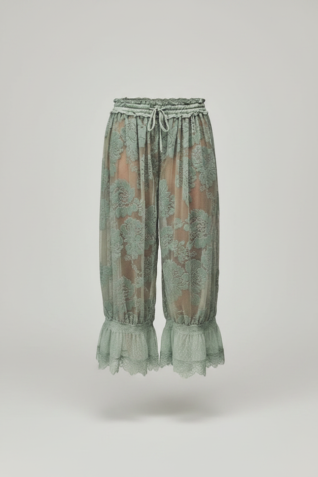 Pantalon Velours Vert Transparent Floral Dentelle Évasé - Polyester - vue 3