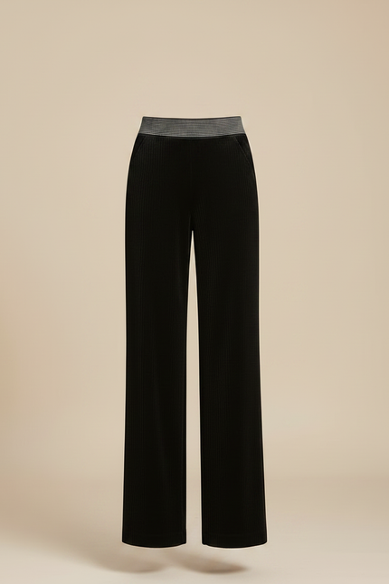 Pantalon Velours Noir Côtelé Large Femme Élégant - Cordé - vue 3