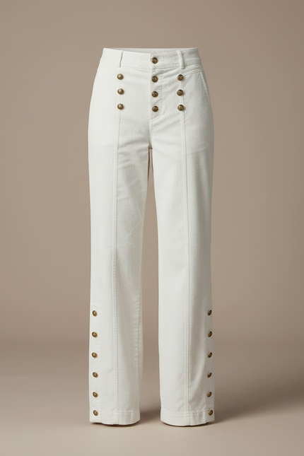 Pantalon Velours Blanc Côtelé Boutons Dorés Taille Haute - vue 3