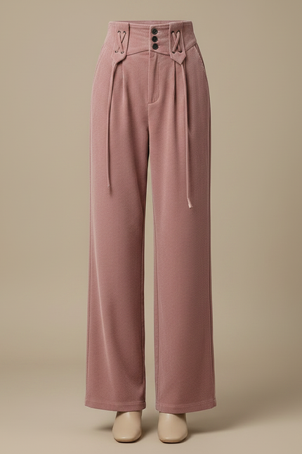 Pantalon Velours Rose Côtelé Ample Taille Haute - Cordé - vue 3