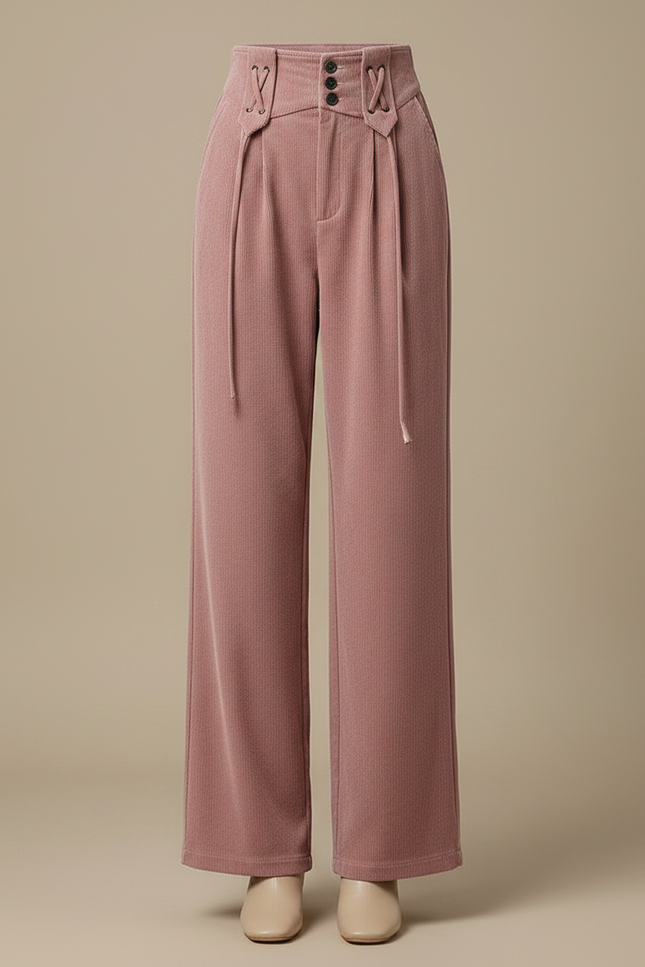 Pantalon Velours Rose Côtelé Ample Taille Haute - Cordé - vue 3