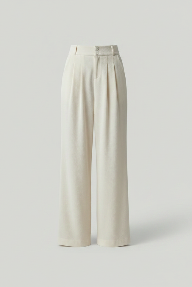 Pantalon Velours Crème Ample Taille Haute Plissé Femme - Blanc - vue 3