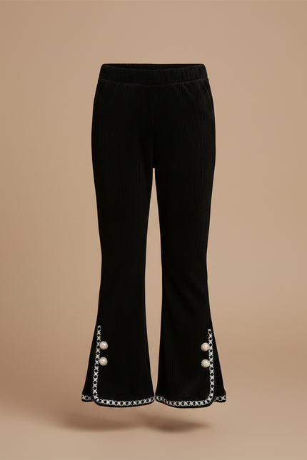 Pantalon Velours Noir Côtelé Évasé Perles Fille - Cordé - vue 3