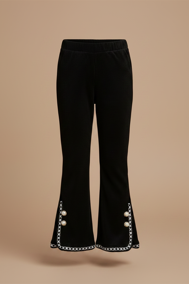 Pantalon Velours Noir Côtelé Évasé Perles Fille - Cordé - vue 3
