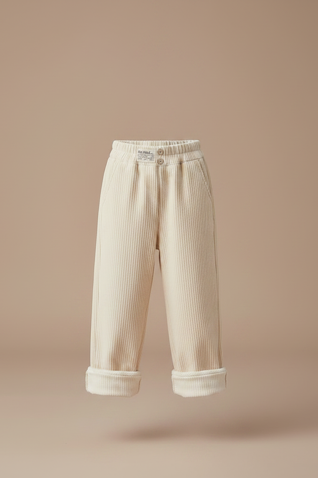 Pantalon Velours Côtelé Écru Ample Enfant Fille - Beige Cordé - vue 3