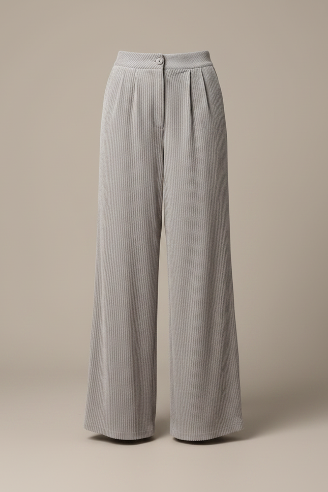 Pantalon Velours Côtelé Gris Ample Taille Haute - Cordé - vue 3