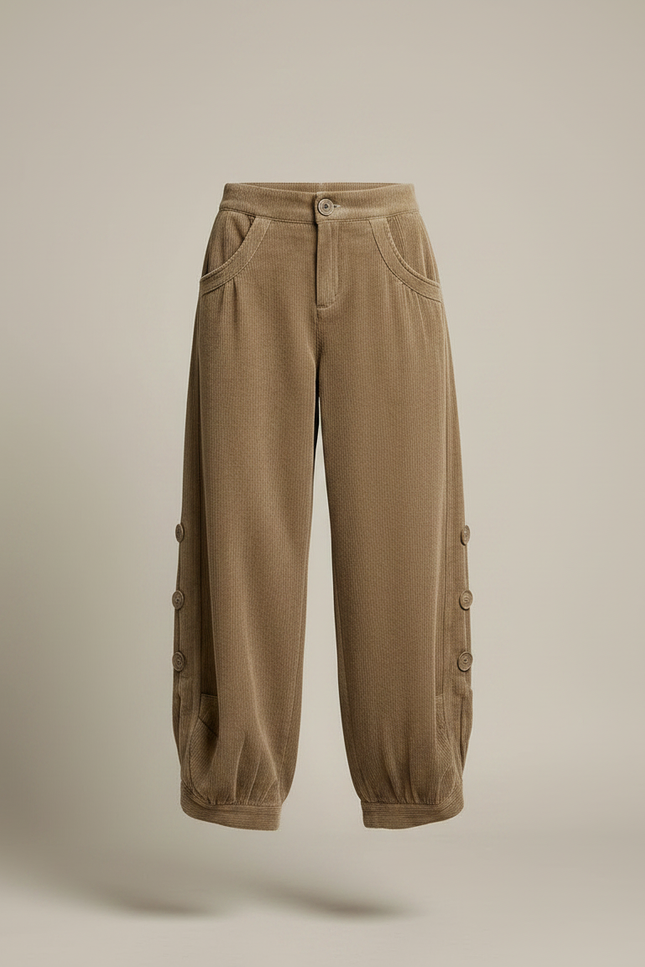 Pantalon Velours Marron Côtelé Ample Boutons - Kaki Cordé - vue 3