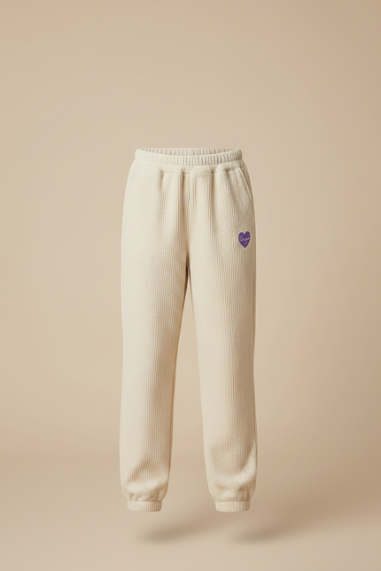 Pantalon Velours Côtelé Écru Ample Cœur Fille - Beige Cordé - vue 3