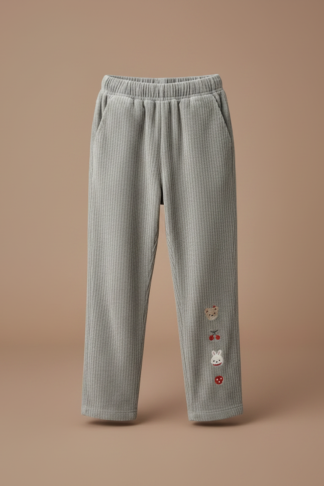 Pantalon Velours Côtelé Gris Enfant Brodé Décontracté - Cordé - vue 3