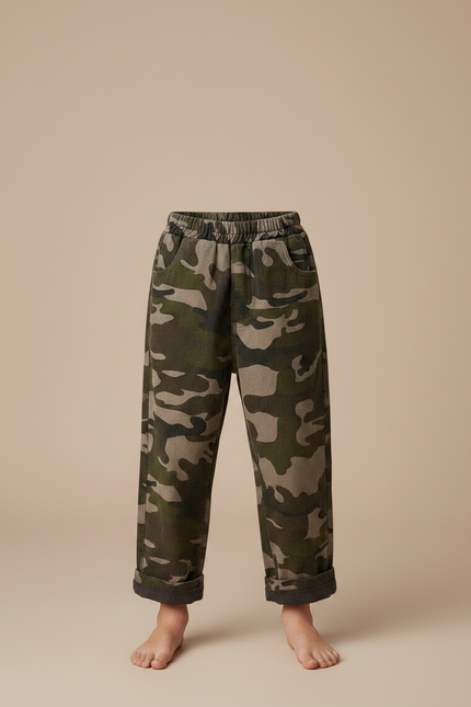 Pantalon Velours Camouflage Enfant Court Ample Doux - Kaki - vue 3