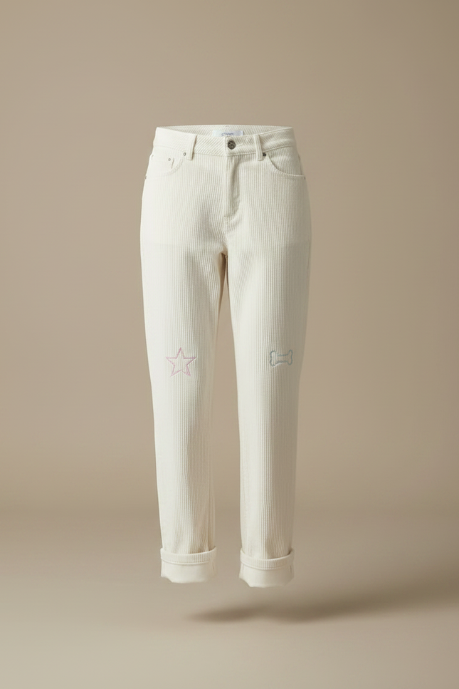 Pantalon Mom Velours Femme - Beige Cordé - vue 3