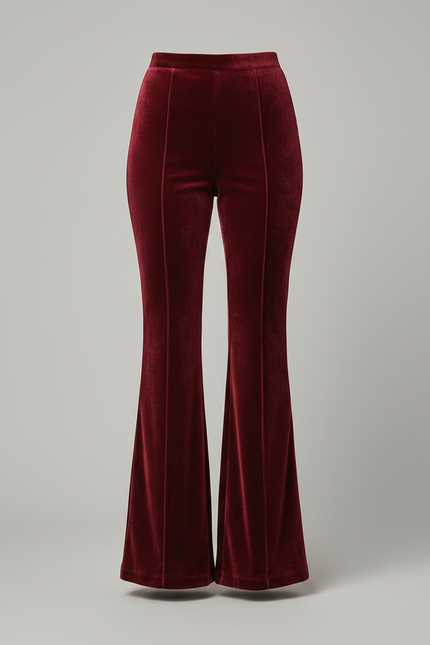 Pantalon Velours Rouge Bordeau Évasé Taille Haute Élégant - Bordeaux - vue 3