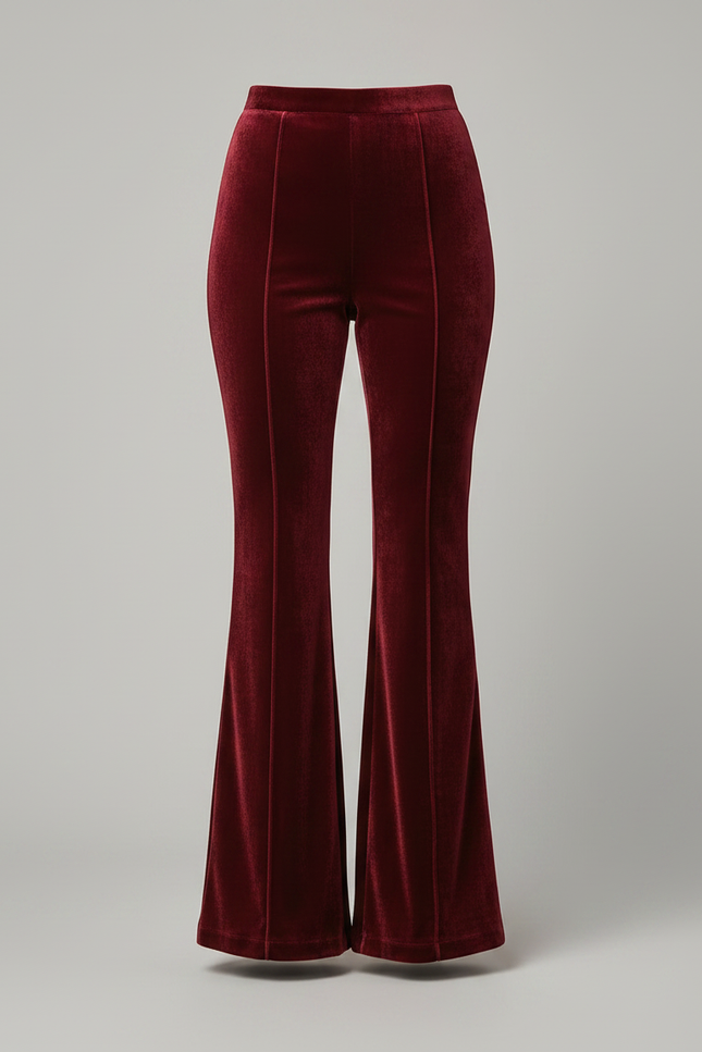 Pantalon Velours Rouge Bordeau Évasé Taille Haute Élégant - Bordeaux - vue 3