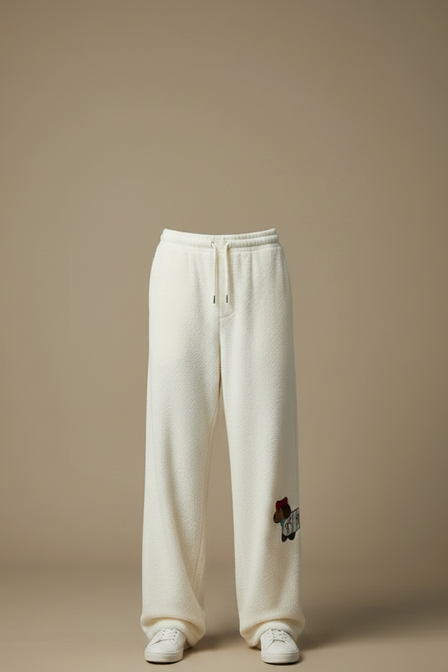 Pantalon Velours Crème Ample Motif Chien Décontracté - Beige - vue 3