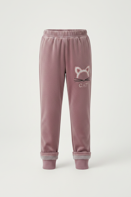 Pantalon Velours Rose Fille Motif Chat Hiver - vue 3