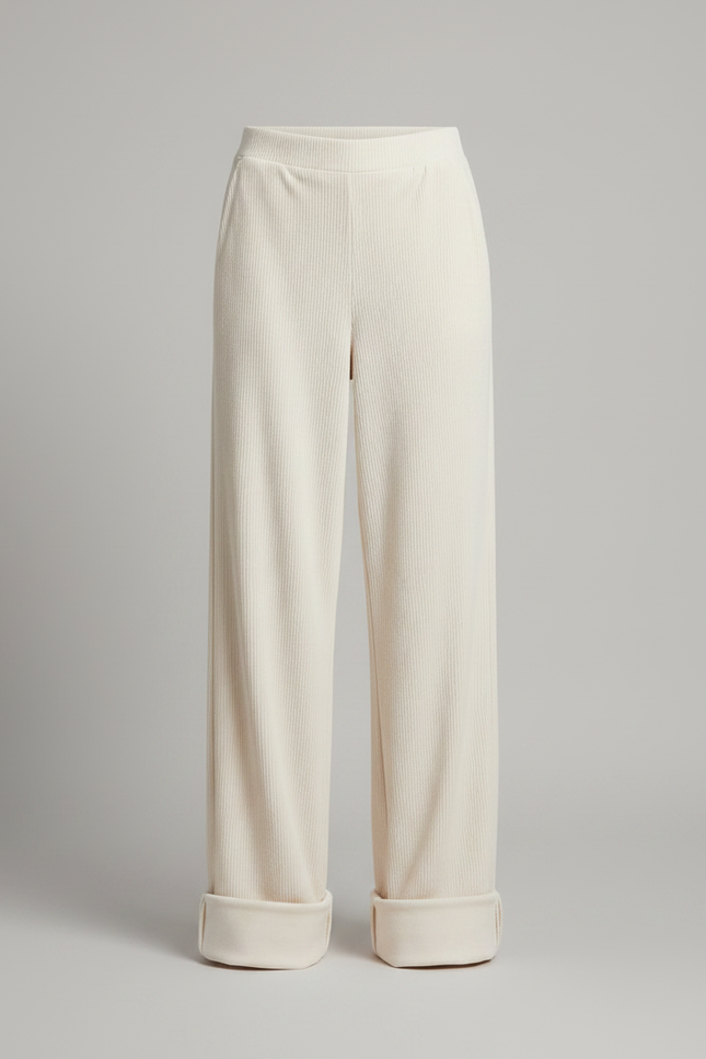 Pantalon Velours Écru Côtelé Large Décontracté Femme - Beige Cordé - vue 3