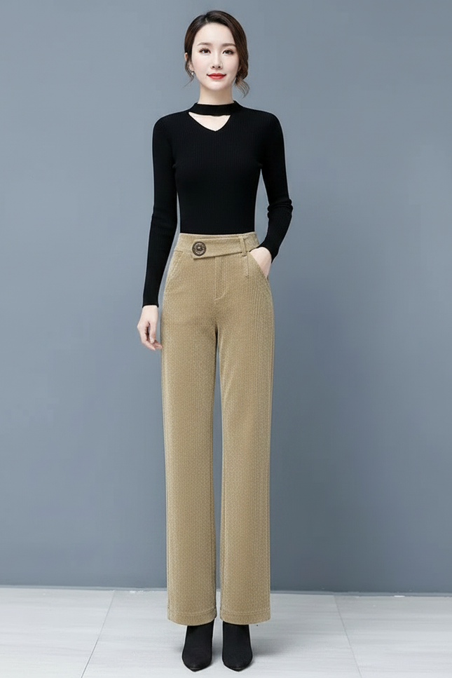 Pantalon Velours Beige Côtelé Large Taille Haute Femme - Cordé - vue 3