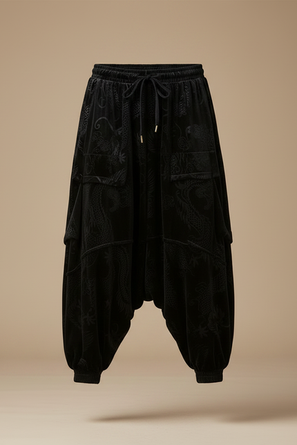 Pantalon Velours Noir Dragon Ample Décontracté Homme - vue 3