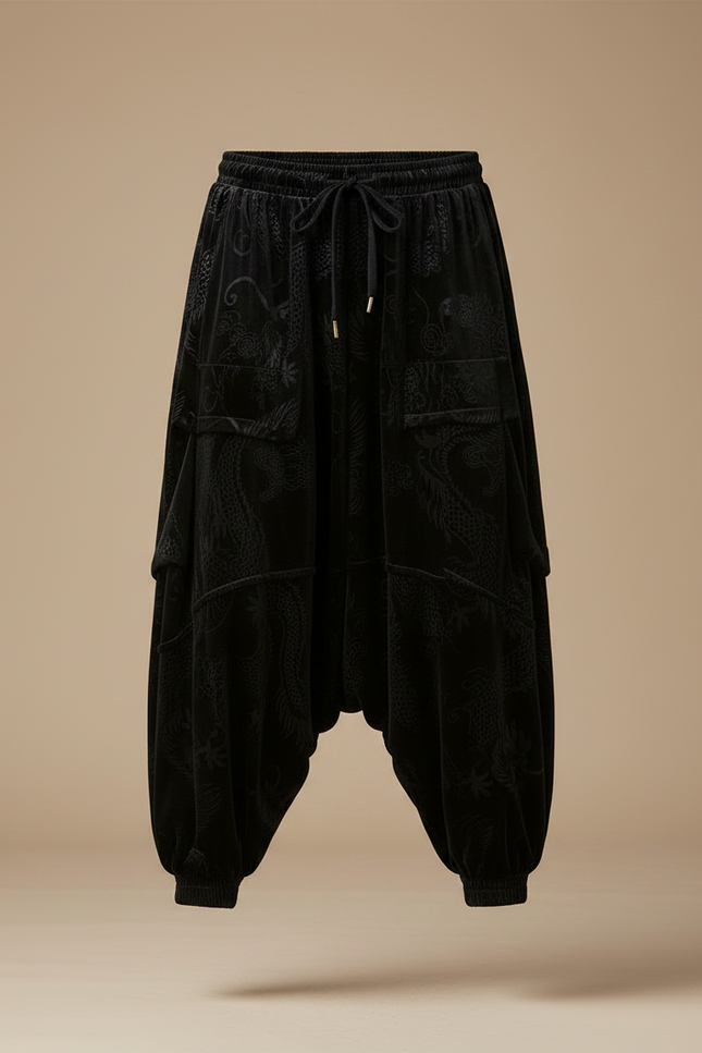 Pantalon Velours Noir Dragon Ample Décontracté Homme - vue 3