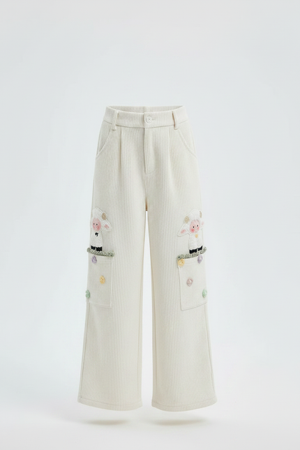 Pantalon Velours Côtelé Écru Large Brodé Enfant - Blanc Cordé - vue 3