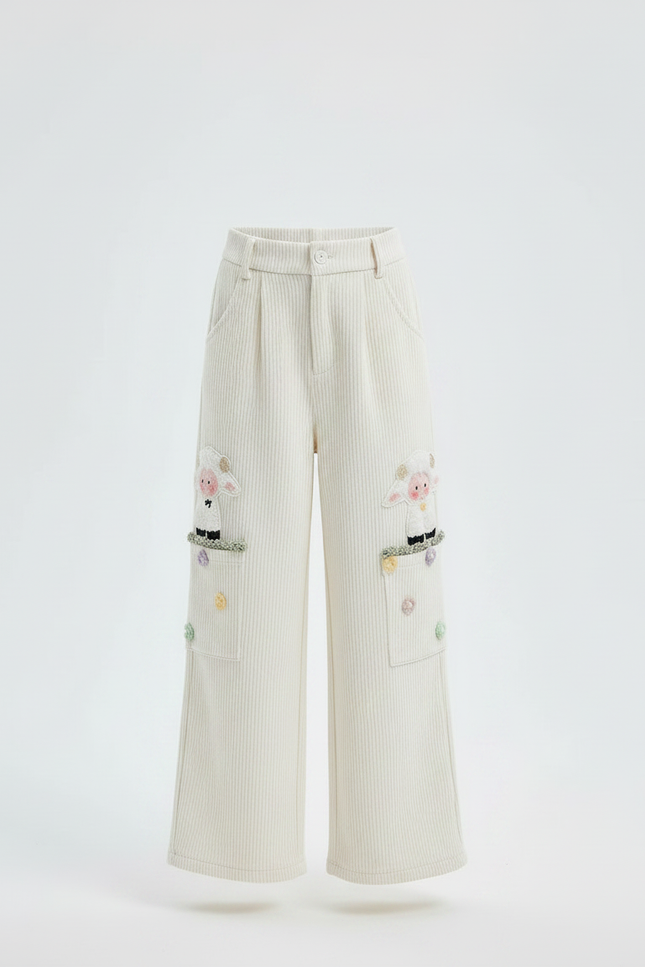 Pantalon Velours Côtelé Écru Large Brodé Enfant - Blanc Cordé - vue 3