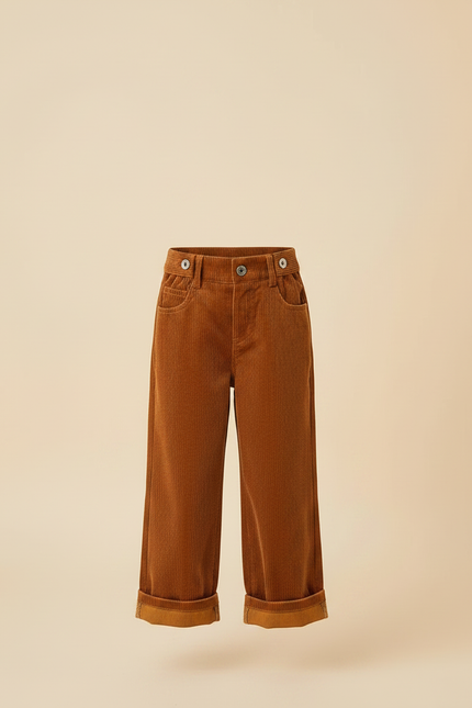 Pantalon Velours Fille Camel Large - Marron Cordé - vue 3