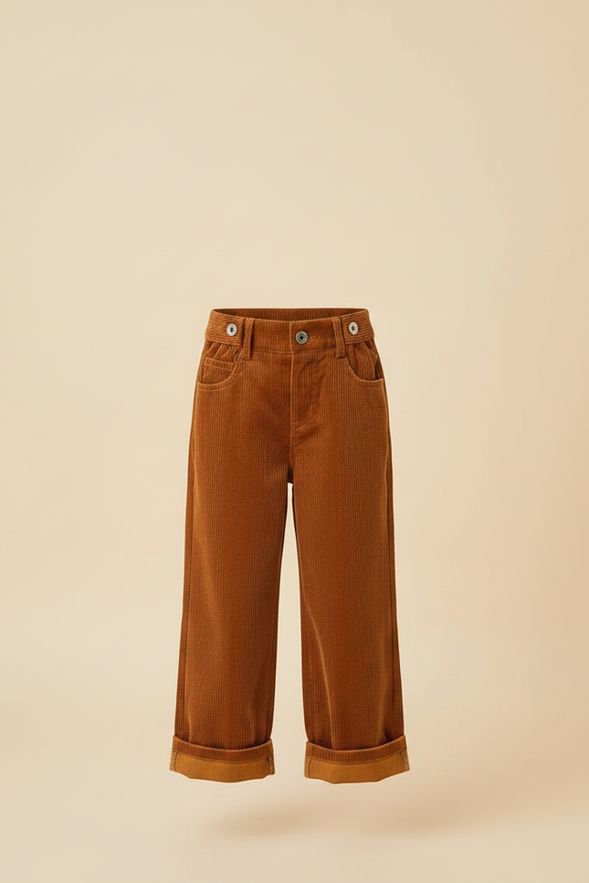Pantalon Velours Fille Camel Large - Marron Cordé - vue 3