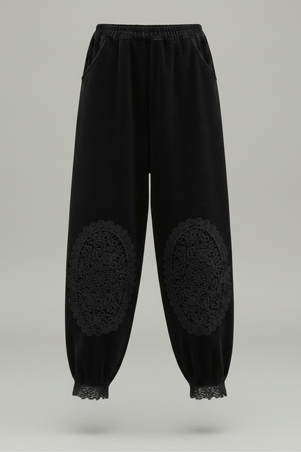 Pantalon Velours Noir Côtelé Brodé Ample Femme - Cordé - vue 3