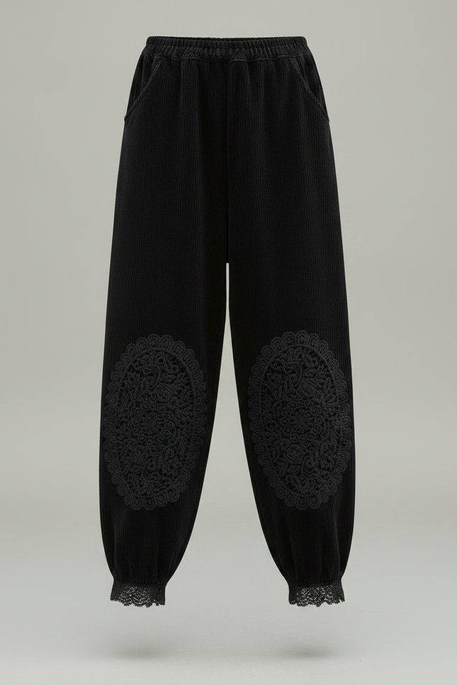 Pantalon Velours Noir Côtelé Brodé Ample Femme - Cordé - vue 3