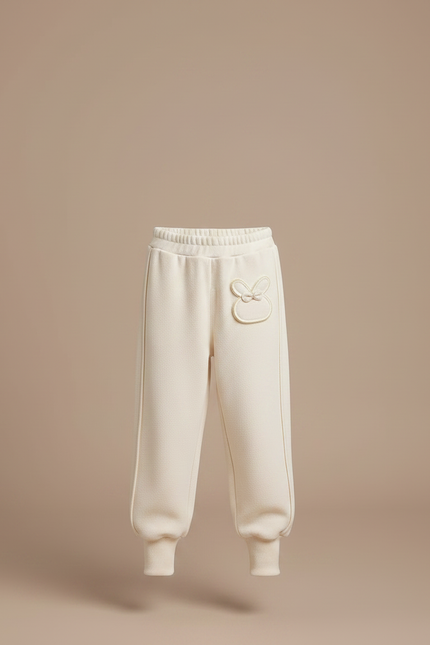 Pantalon Velours Crème Ample Brodé Lapin Confortable - Beige - vue 3