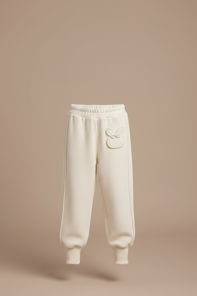 Pantalon Velours Crème Ample Brodé Lapin Confortable - Beige - vue 3