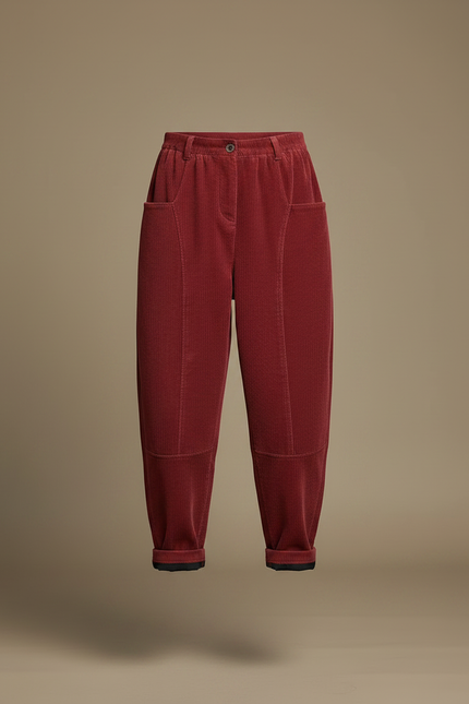 Pantalon Velours Côtelé Rouge Harem Ample Décontracté Femme - Bordeaux Cordé - vue 3