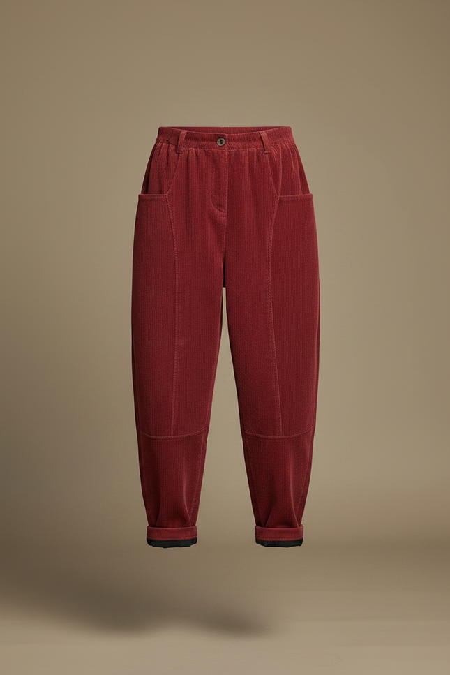 Pantalon Velours Côtelé Rouge Harem Ample Décontracté Femme - Bordeaux Cordé - vue 3
