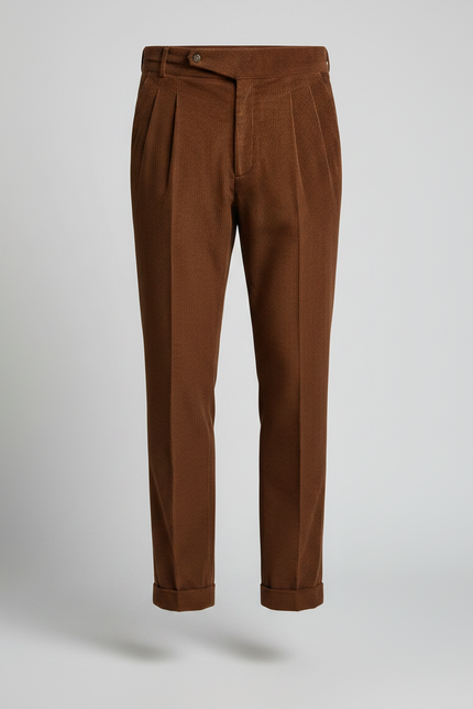 Pantalon Velours Marron Côtelé Plissé Homme Élégant - vue 3