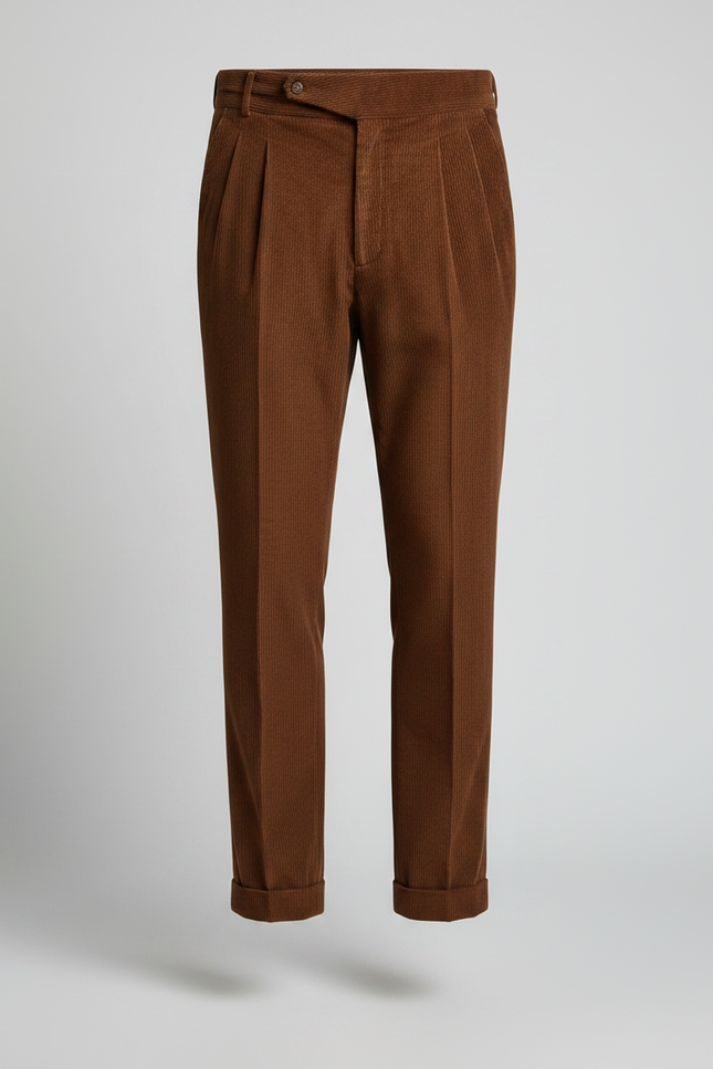Pantalon Velours Marron Côtelé Plissé Homme Élégant - vue 3