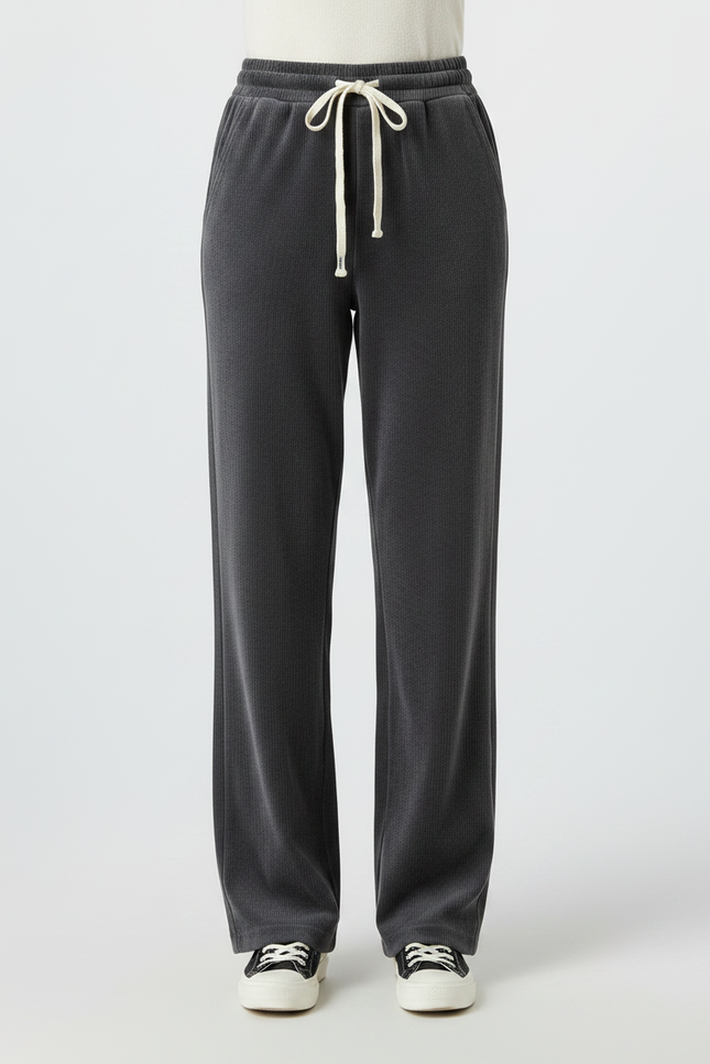 Pantalon Velours Côtelé Gris Ample Cordon Femme - Cordé - vue 3
