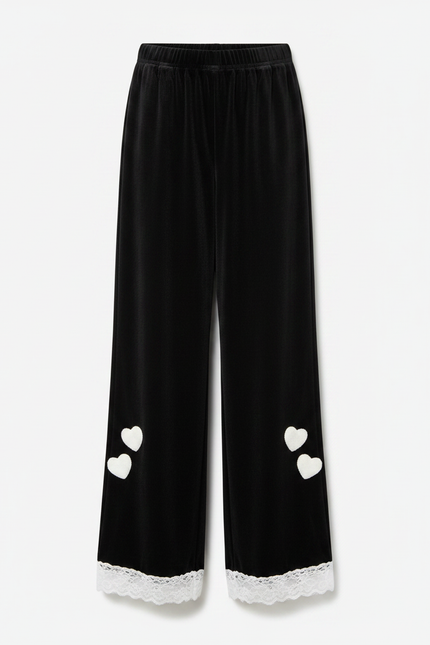 Pantalon Velours Noir Évasé Cœurs Blancs Fille - vue 3