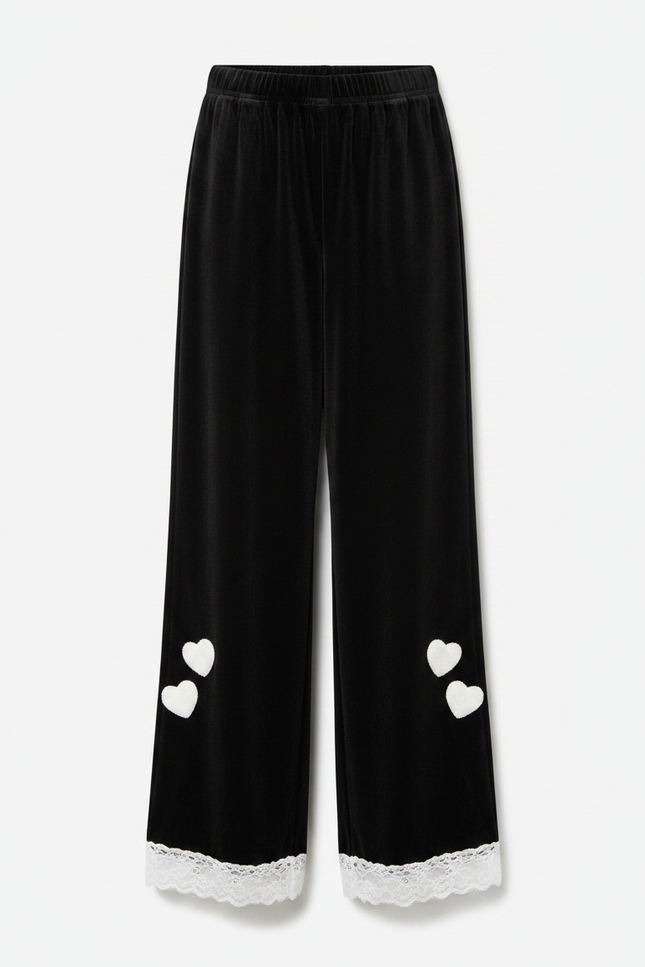 Pantalon Velours Noir Évasé Cœurs Blancs Fille - vue 3