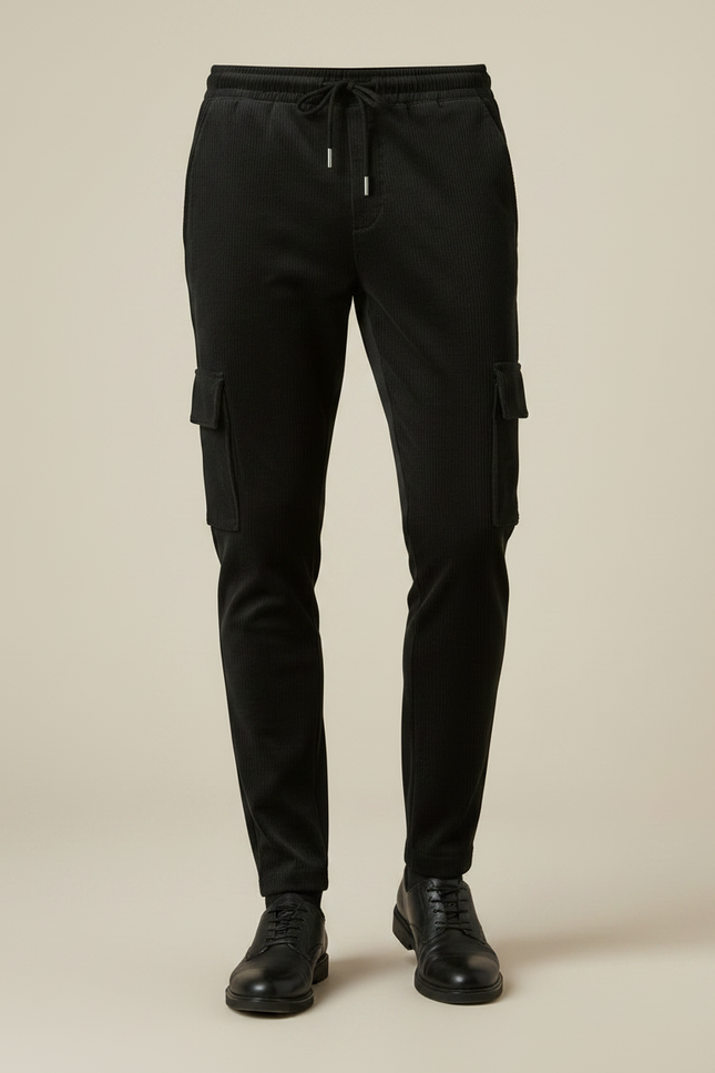 Pantalon Velours Côtelé Noir Cargo Homme Ajusté - Cordé - vue 3
