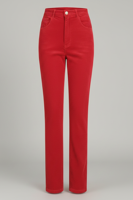 Pantalon Velours Rouge Côtelé Droit Taille Haute Élégant - Cordé - vue 3