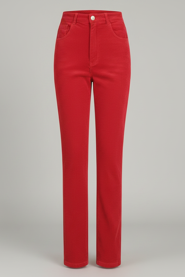 Pantalon Velours Rouge Côtelé Droit Taille Haute Élégant - Cordé - vue 3