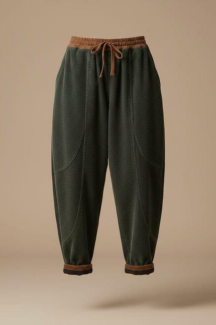 Pantalon Velours Côtelé Vert Ample Taille Élastique Femme - vue 3