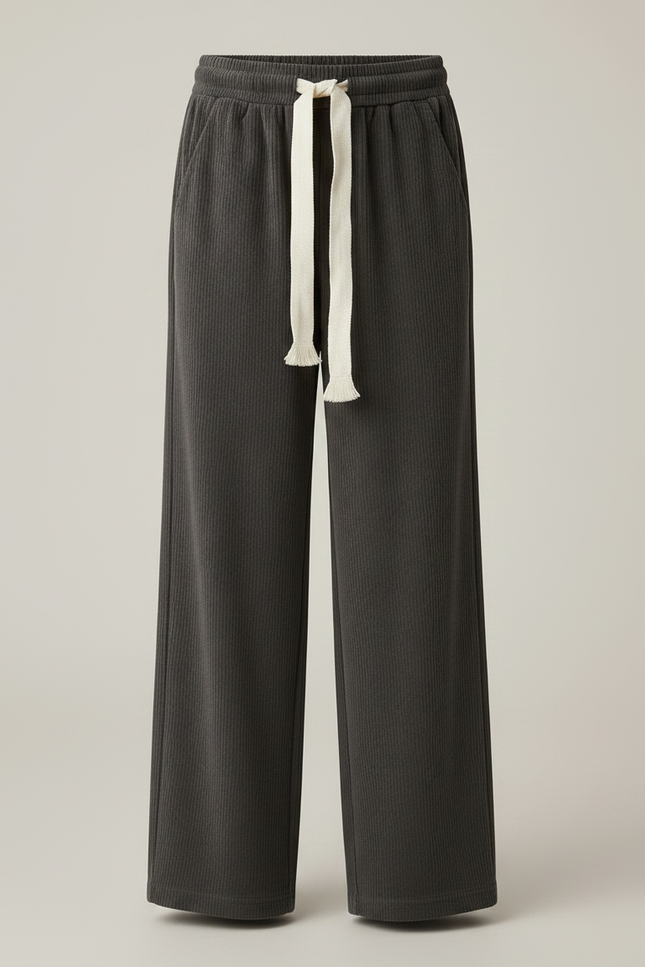 Pantalon Velours Gris Côtelé Ample Cordon Décontracté - Cordé - vue 3