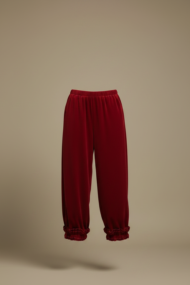 Pantalon Velours Rouge Ample Élastiqué Volants Femme - Bordeaux - vue 3