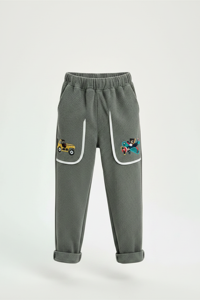 Pantalon Velours Côtelé Gris Brodé Ample Enfant - Cordé - vue 3