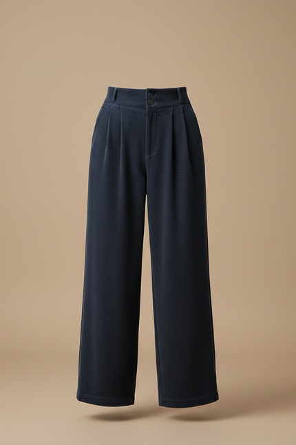 Pantalon Velours Côtelé Bleu Marine Ample Taille Haute - Cordé - vue 3