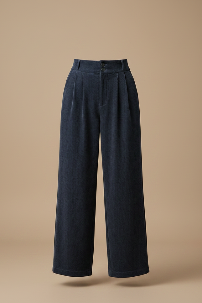 Pantalon Velours Côtelé Bleu Marine Ample Taille Haute - Cordé - vue 3